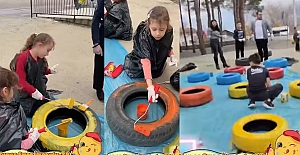 Eskimiş lastikler minik ellerde sanatsal objeye dönüştürüldü